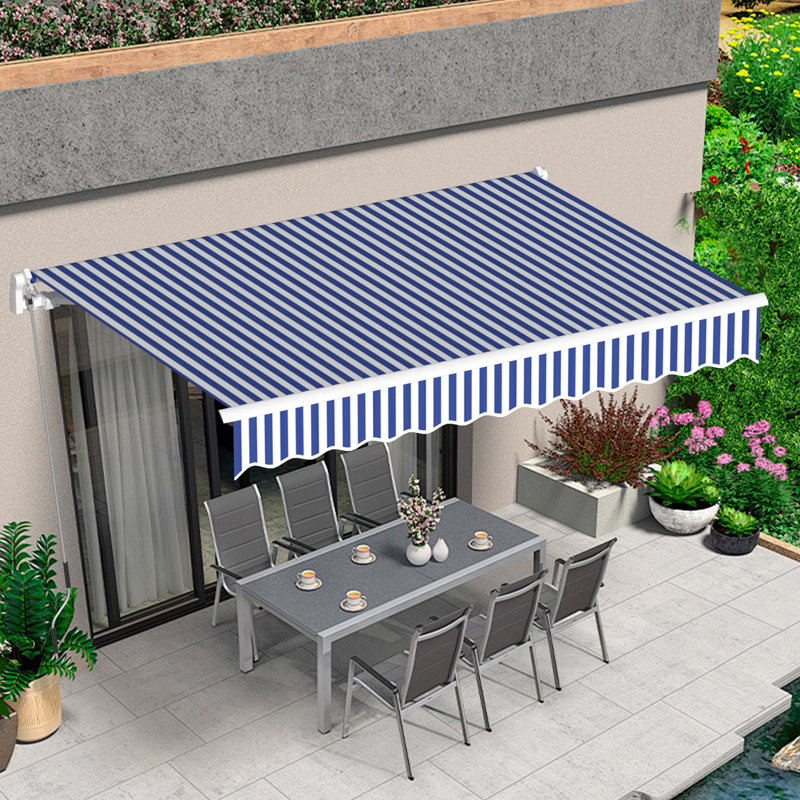 Auvent de terrasse à inclinaison manuelle, H 63,6 po x l 157,2 po x P 98,4 po, Bleu / blanc