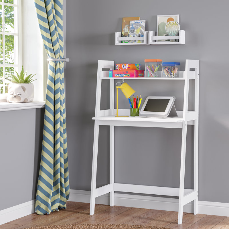RiverRidge Kids Art Table Desk with Ladder Shelf and Open Storage Shelf for Playroom - White with 2 10" Floating Bookshelves