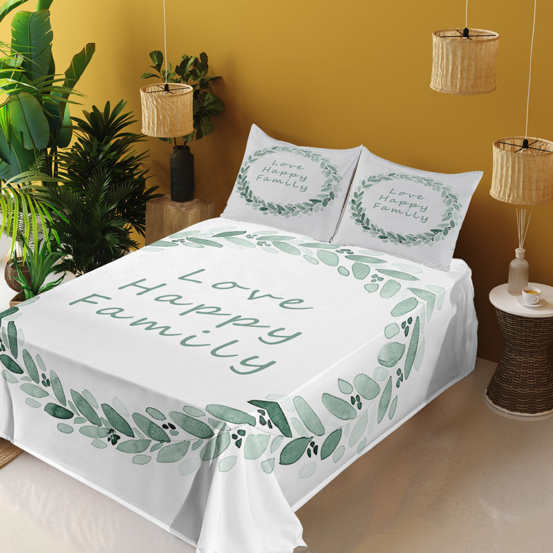 Ambesonne Olive Green Sheet Set Love Happy Family Art Pale Turquoise Seafoam, California King Sheet Set with 2 Pillowcases