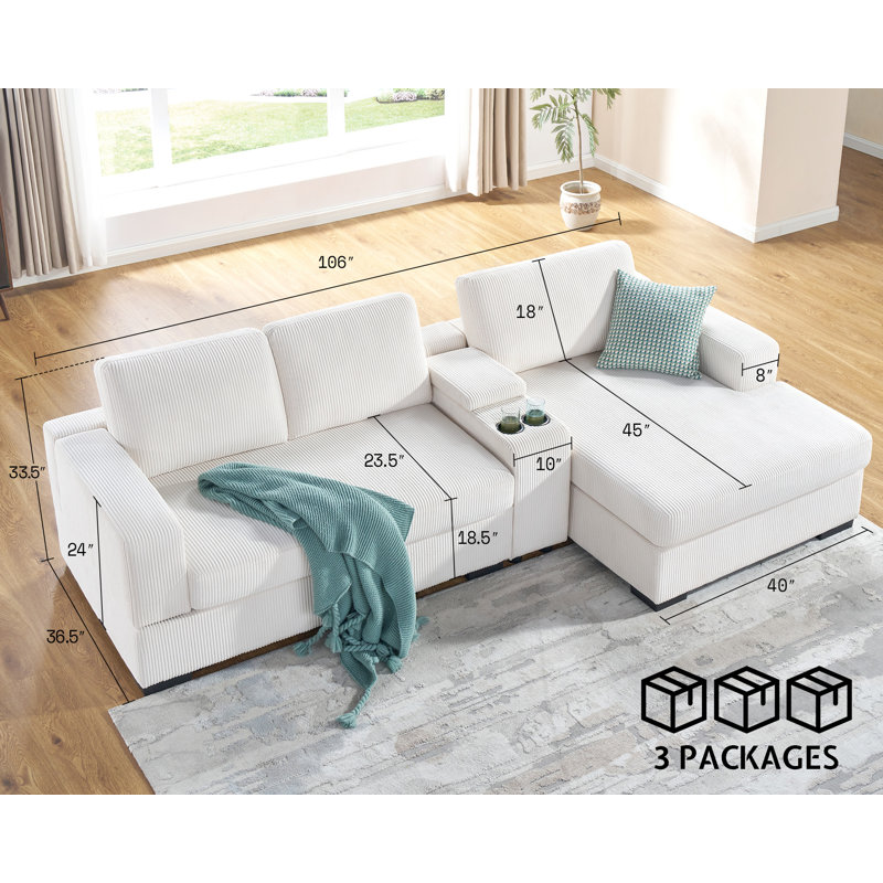 White 106-Inch L-Shaped Sofa with Left-Facing Chaise Lounge, Oversized Comfy Couch with Storage Console & Charging Socket