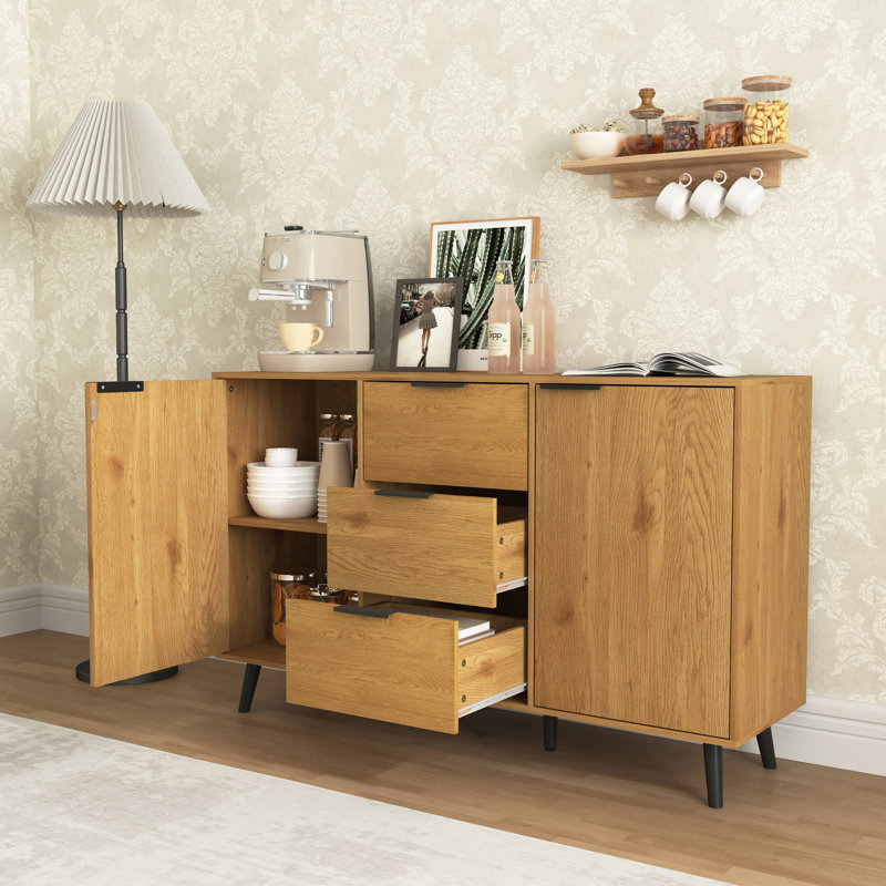 Sideboard Buffet Cabinet With Storage, Wood Coffee Bar Cabinet, 47.2" Kitchen Cabinet With 3 Drawers & 2 Doors, Kitchen Buffet Cabinet Cupboard Natural Wood Color