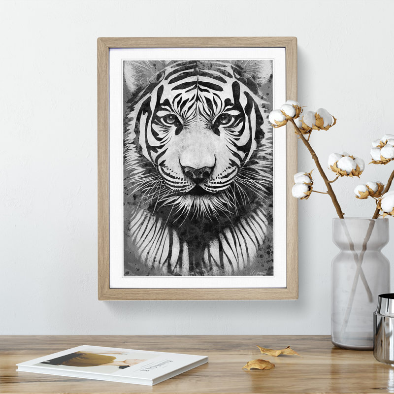 Monochrome Tiger No.5 - Framed Print, 34cm H x 25cm W x 2cm D, Oak