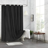 Boho Shower Curtain With Textured Vertical Stripes And Tassel Details - Jacquard Cloth Fabric With Rust-Resistant Button Holes For Modern Farmhouse Or Bohemian Bathroom Decor
