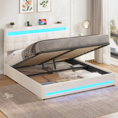Ottoman Bed Frame with Charging Station & LED Lights, Upholstered Platform Bed frame with Under-bed Storage and Storage Headboard, No Box Spring Needed