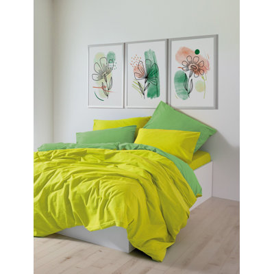 100% Cotton Ranforce Quilt Cover Set, Yellow & Green | Includes Duvet Cover (63 x 87), Fitted Sheet (39 x 79 + 11.8), & Pillowcase (19.7 x 27.6) | Reactive Printing, Machine Washable, Envelope & Button Closure