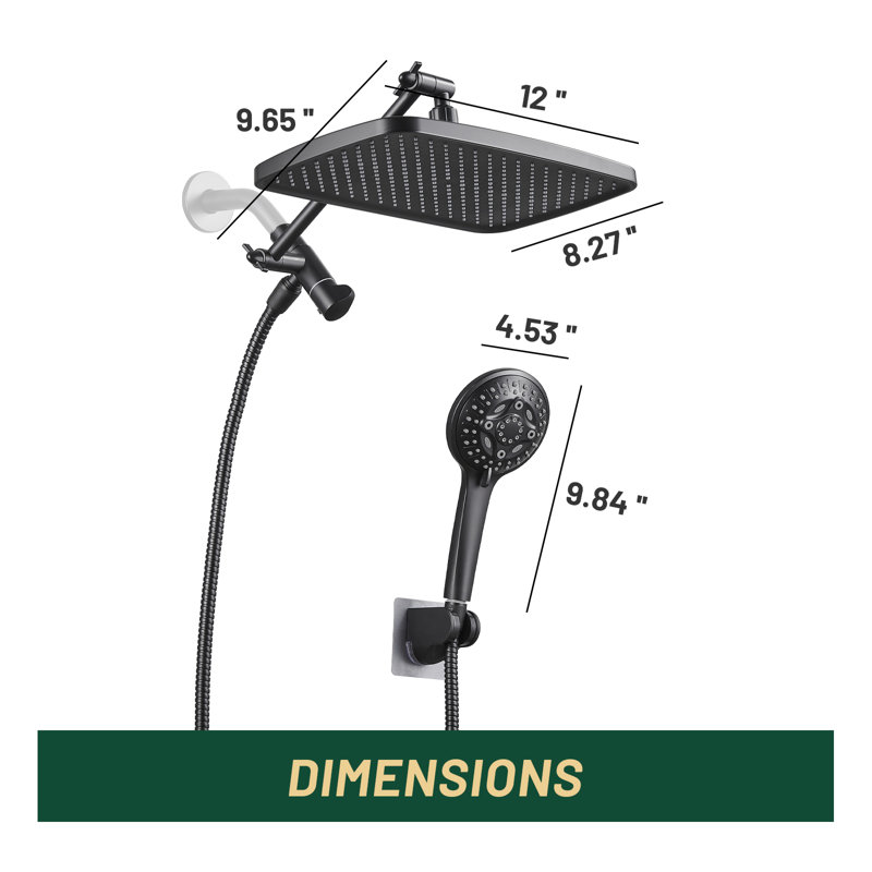 Adjustable 12" Rectangular High Pressure Dual Shower Head with 8-Spray Handheld Shower, Matte Black