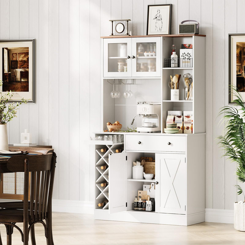 Armoire à café et à vin H 71 po avec support pour 11 bouteilles, tiroirs, tablettes, station de charge intégrée, Blanc