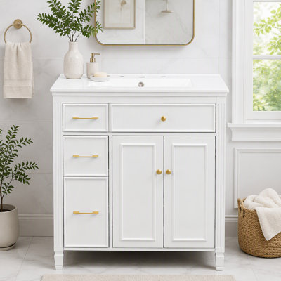 Meuble-lavabo autoportant de 30 po avec lavabo en céramique, pieds en bois massif, poignées dorées, porte à fermeture en douceur, tiroir basculant, design élégant classique