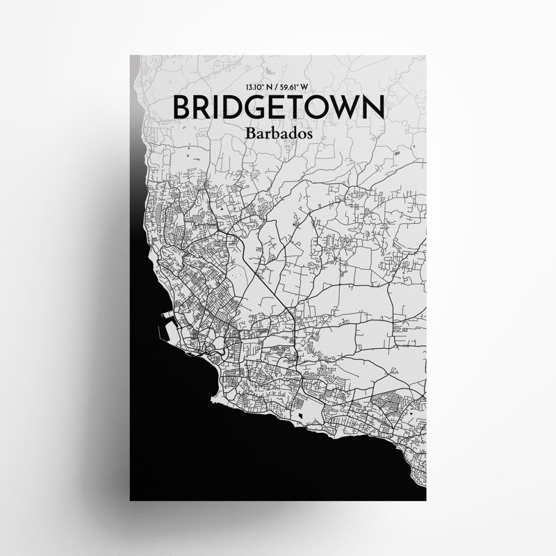 «Bridgetown City Map», impression, Noir et blanc, H 36 po x l 24 po