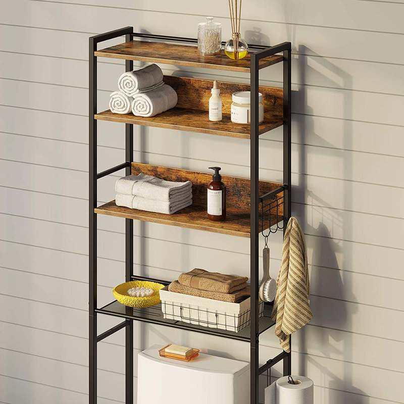 Calirose 23.6" W x 68 "H x 9.4" D Over The Toilet Storage with 4-tier shelf & 4 hooks, Rustic Brown