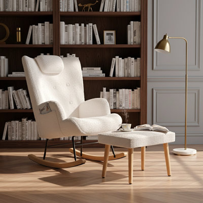 Upholstered Bouclé Rocking Chair with Footstool, Teddy Fleece Accent Chair with Headrest & Side Pocket, Beige