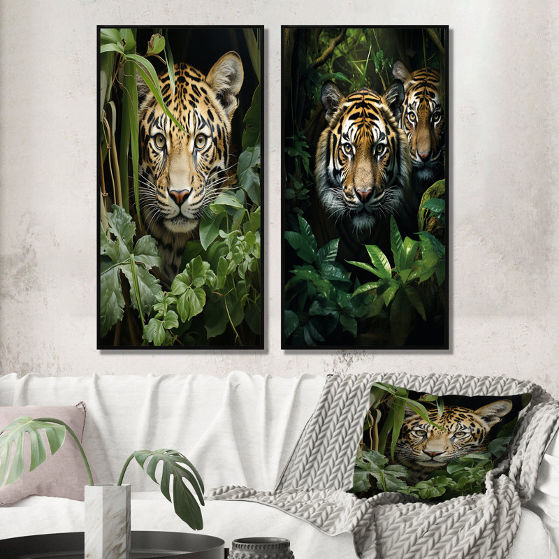 «Asian Art Tigers In Jungle», 2 pièces sur toile, Cadre noir, H 32 po x l 32 po