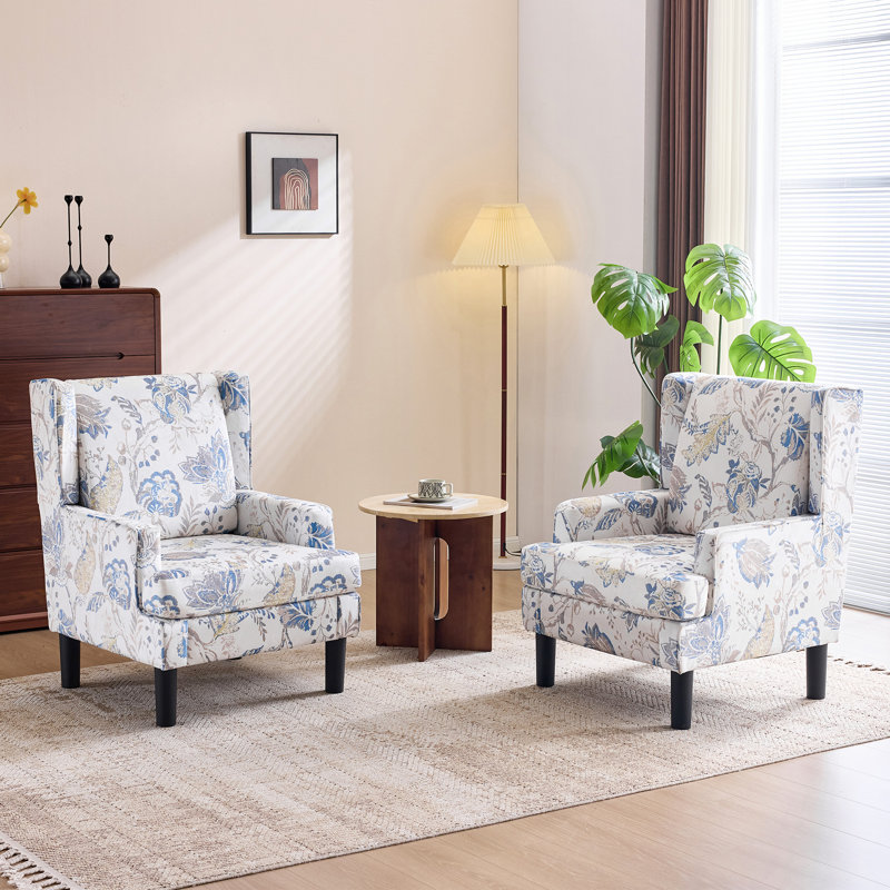  Fauteuil à oreilles avec dossier haut, fauteuil d'appoint rembourré pour le salon, la chambre à coucher, le bureau, floral bleu
