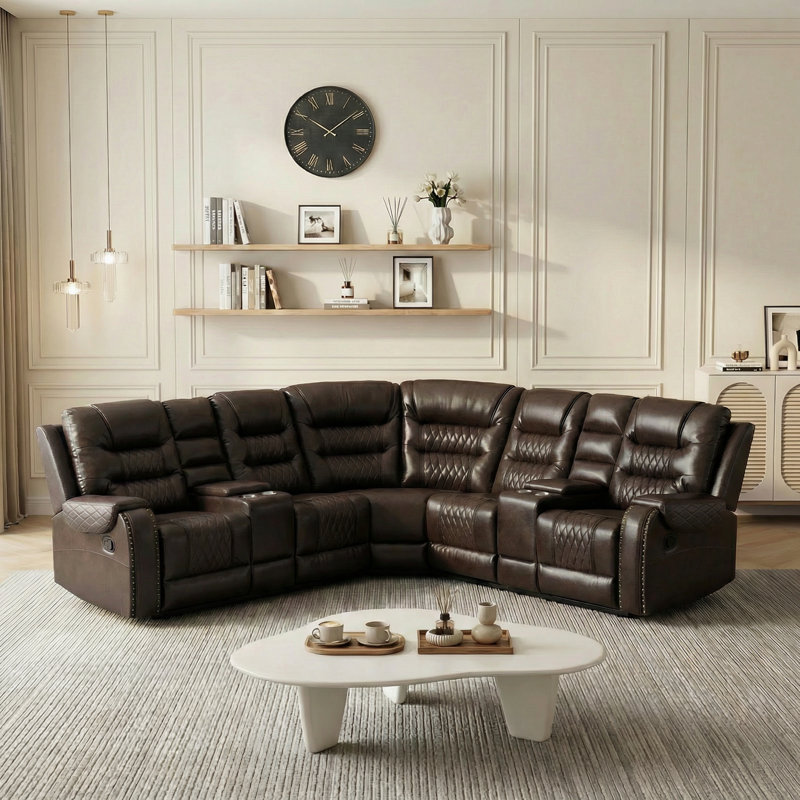 Canapé modulaire inclinable manuel en cuir synthétique 3 pièces, avec porte-gobelet et console, Brun