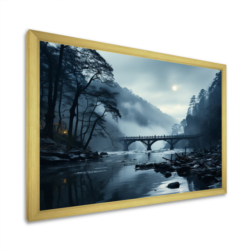 Blue Bridge In Silence II - Architecture Wall Art Living Room, Encadrement doré, H 12 po x l 20 po x P 1 po