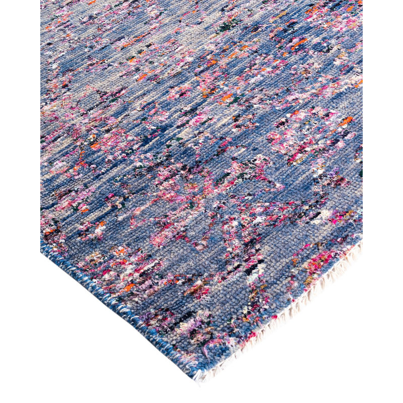 Hand-Knotted Blue Wool and Silk Rectangular Area Rug