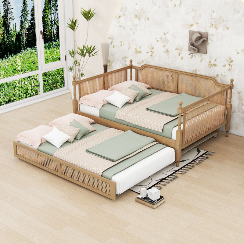 Lit de jour en bois avec lit gigogne et fabrication durable, Lit double, Noyer antique