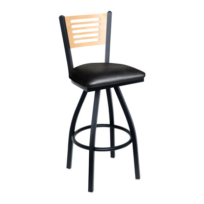 Espy Slotted Wood Back Swivel Barstool - Natural Back - Quick Ship Black Vinyl Seat - Steel Frame - Sand Black Finish