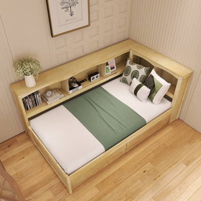 Lit de jour simple en pin massif avec deux tiroirs de rangement, cinq armoires et ports USB