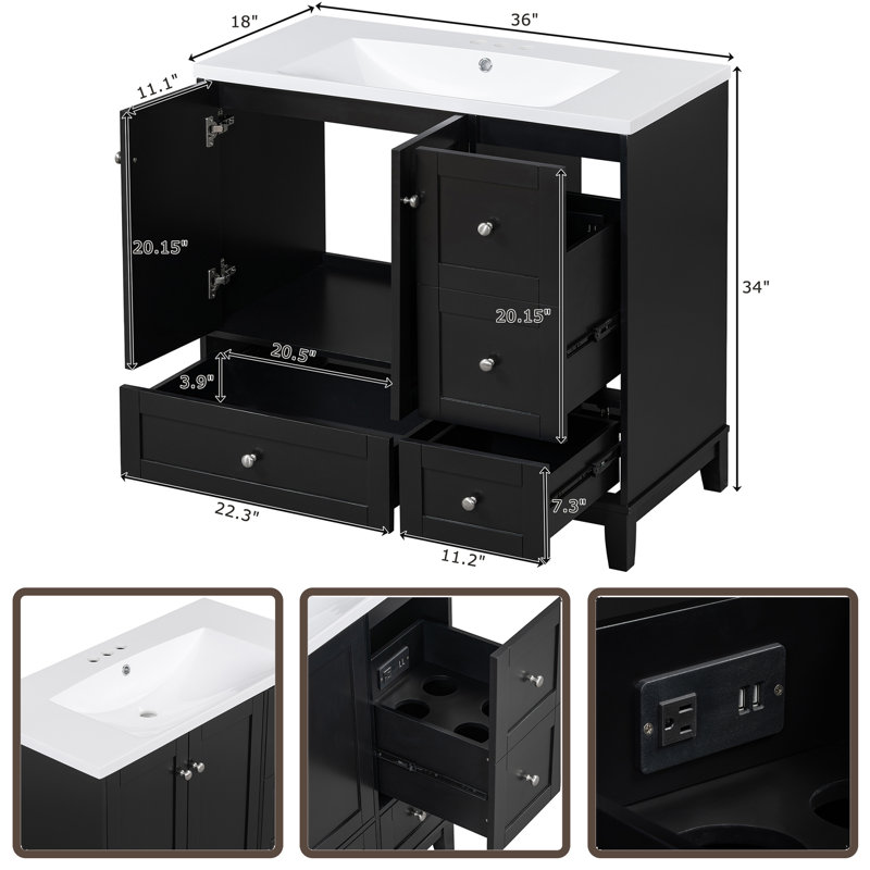 Meuble-lavabo simple 36 po avec plateau en résine Arabu, Noir
