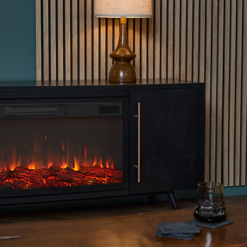 Morris 72" Mid-Century TV Stand with Electric Fireplace by Real Flame, Black, Standard