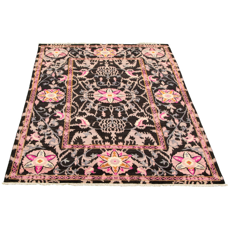 Tapis unique en laine noué à la main style pako moderne noir / rose des années 2010 de 6 pi x 8 pi 4 po Osian