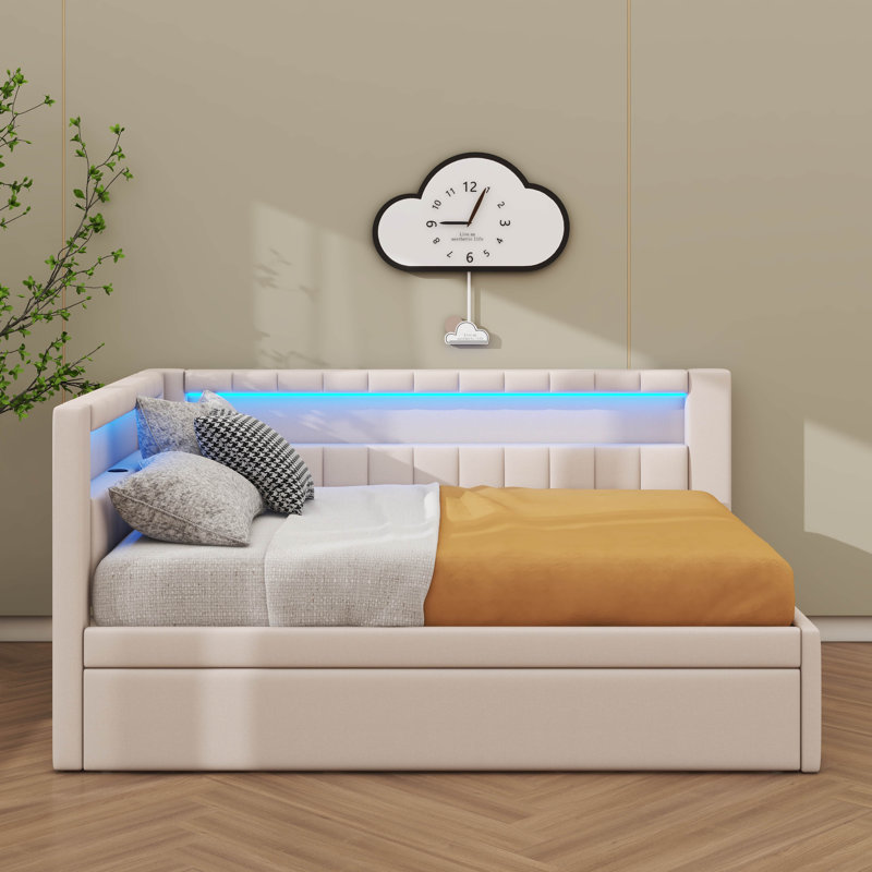 Full Size Fully Upholstered Platform Bed With USB Connectivity, LED Lighting, And Trundle Bed, White