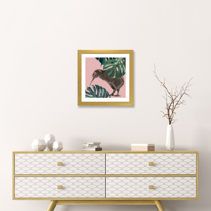 Kiwi oiseau avec monstera art, H 16 po x l 16 po x P 1 po, Papier encadré doré