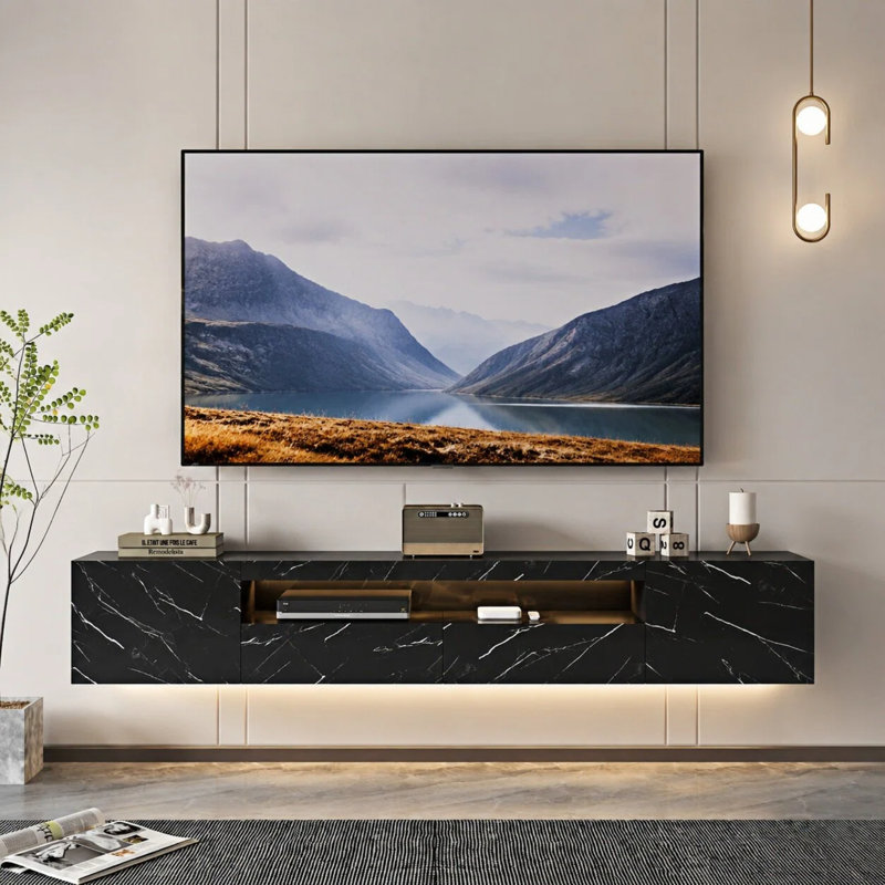 High Gloss TV Stand with Led Lights, Wall-mounted TV Cabinet up to 75", Black  Marble