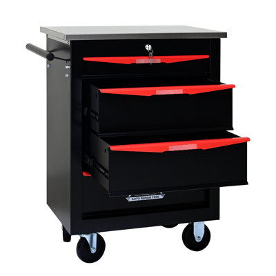 Chariot à outils roulant en métal 4 tiroirs, organisateur d'atelier de garage, noir et rouge, toit en acier inoxydable, acier, frein 2 pièces, chariot multifonctionnel sur roulettes d'une capacité de 15 kg, support, tiroirs à roulement, fabrication