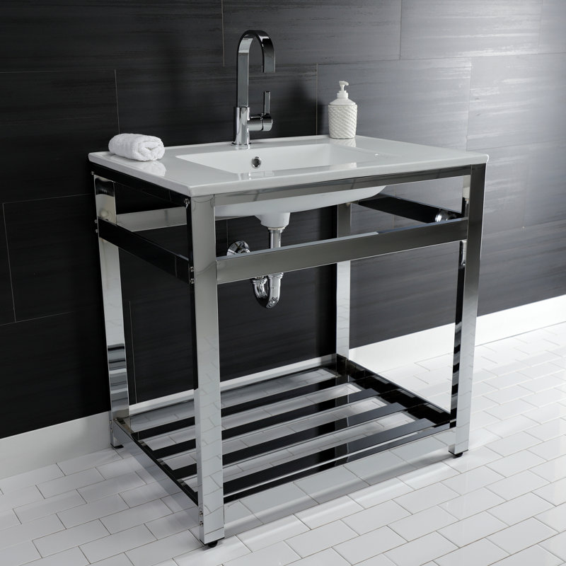 Lavabo de salle de bain console en céramique avec trop-plein, Blanc / Chrome, Simple