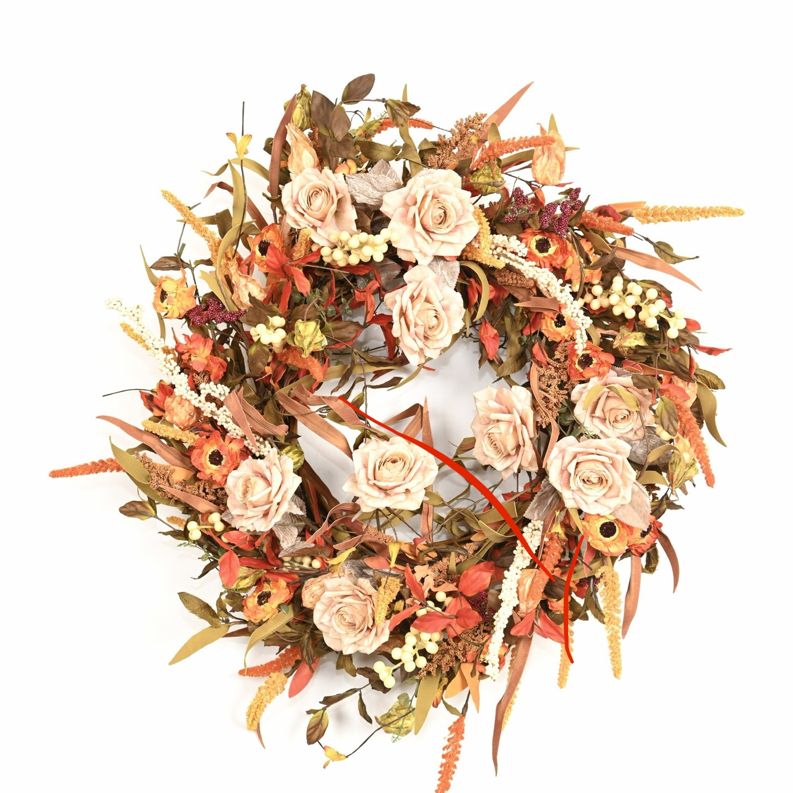 24" Artificial Rustic Fall Foliage Sunflower Rose Floral Wreath, Autumn Harvest Thanksgiving Front Door Decor