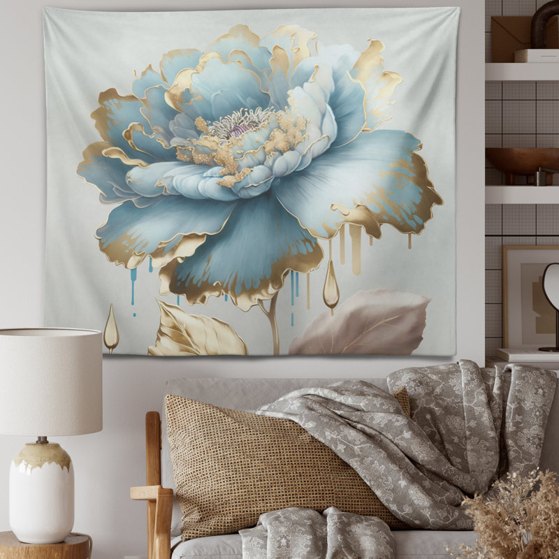 Tapisserie en polyester chic à fleurs bleues avec punaises, H 50 po x l 60 po