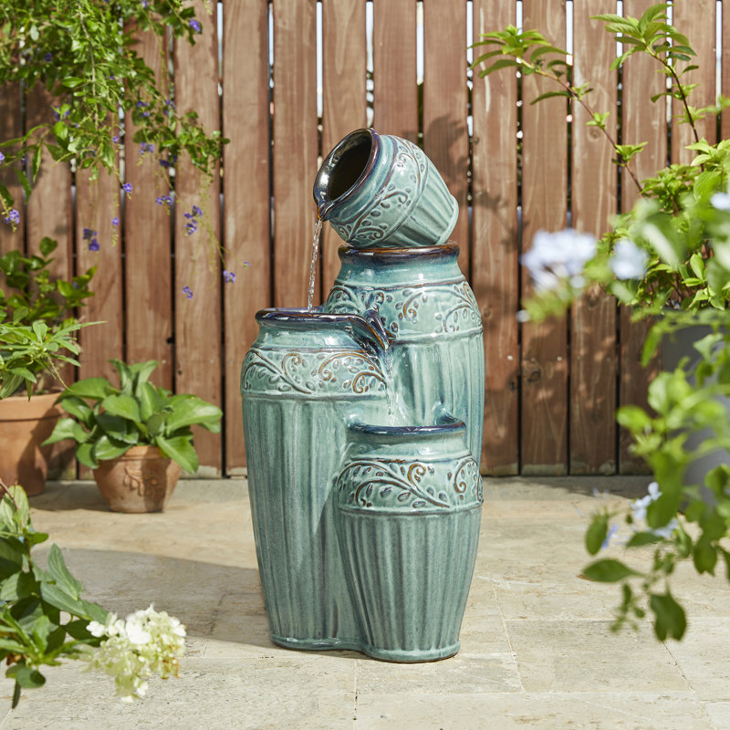 3 Tier Embossed Pattern Ceramic Pots Fountain with Light, Turquoise, 27.25" H x 13.75" W x 13.75" D