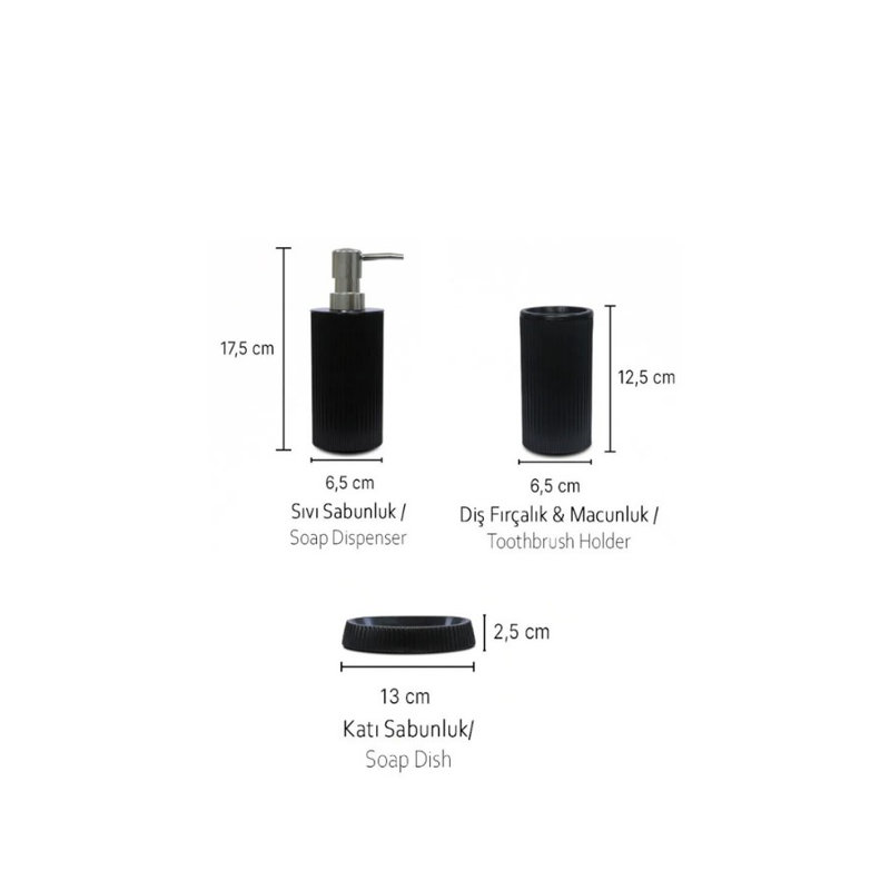 Ensemble de salle de bain élégant 3 pièces, noir | 100% plastique durable, comprend: 6,9 x 2,6 x 2,0 pouces, 4,9 x 2,6 x 0,8 pouces, 5,9 x 1,0 x 5,1 pouces | Va au lave-vaisselle, idéal pour les salles de bain modernes, design élégant et fonctionnel