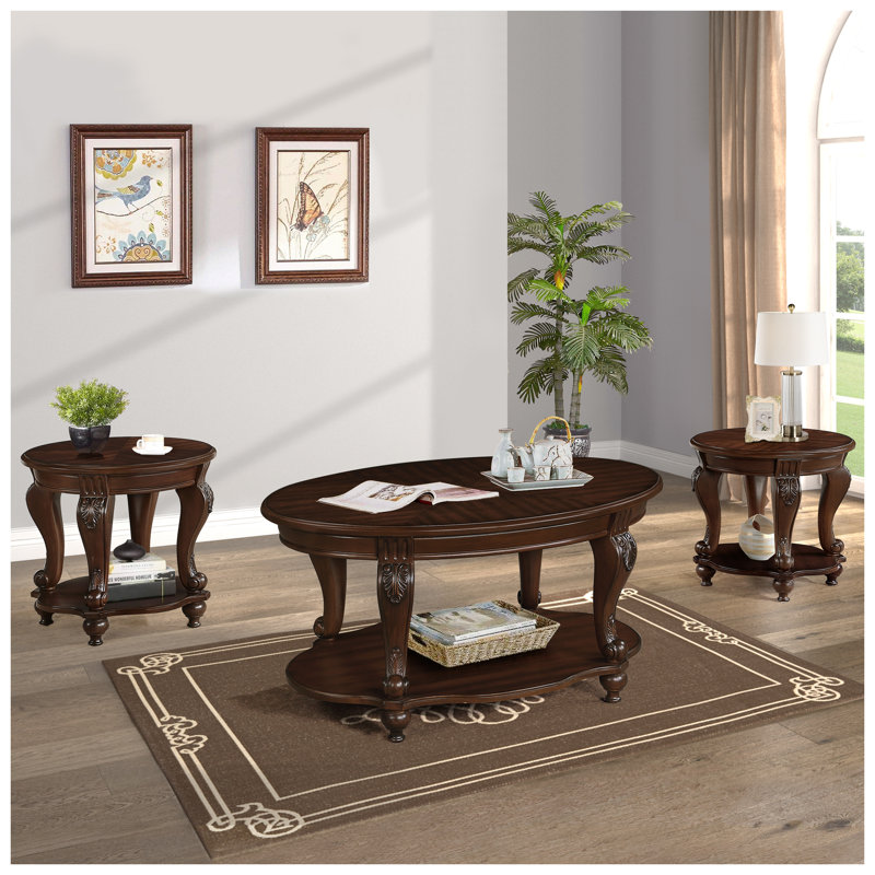 Ensemble de tables basses 3 pièces en bois d'hévéa avec tables de bout rondes au fini cerisier, Brown Wood