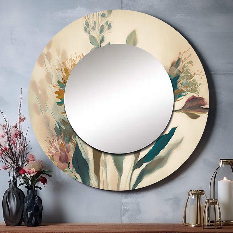 Sanyi fleurs sauvages dans des couleurs rétro délavées I - miroir floral, miroir mural rond traditionnel unique, impression d'art en métal