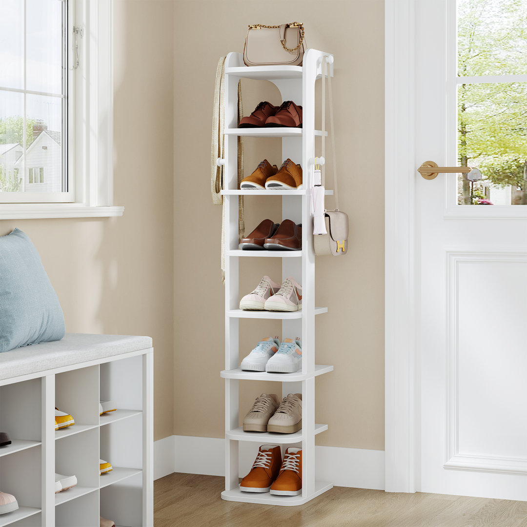 Vertical Shoe Rack, 8 Tier Narrow Shoe Rack For Small Space, Wooden Shoes Organizer With Hooks, Adjustable Slim Shoes Tower for Entryway, Living Room,