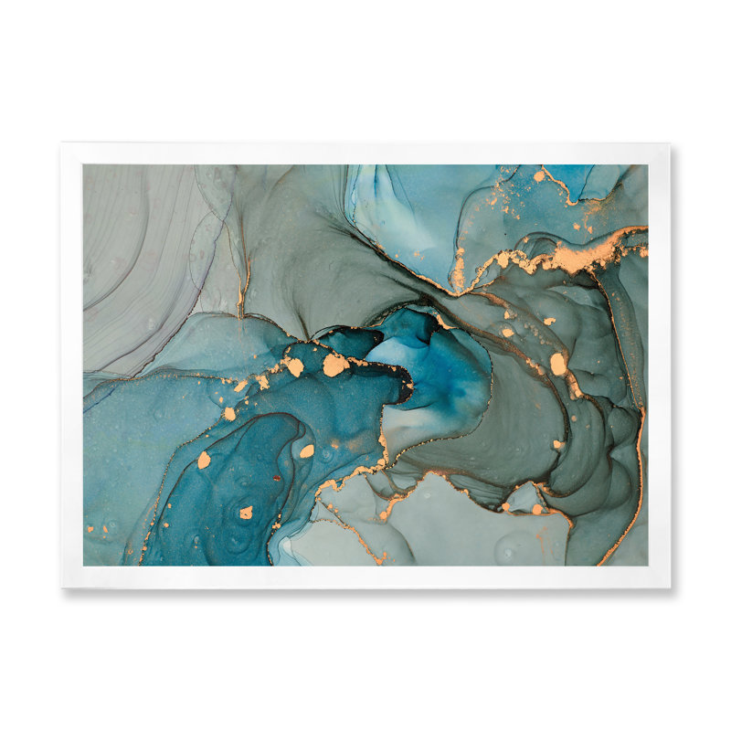 Turquoise doré infusé de marbre - reproduction sur toile, H 12 po x l 20 po, Impression encadrée, Blanc