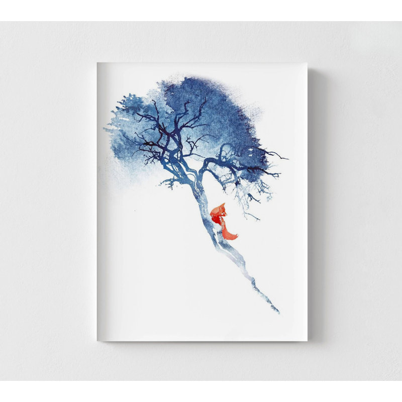 Renard, reproduction d'art murale, art de chambre d'enfant encadré, art mural arbre bleu, décoration murale nature, art mural encadré, art mural surdimensionné, art mural grand