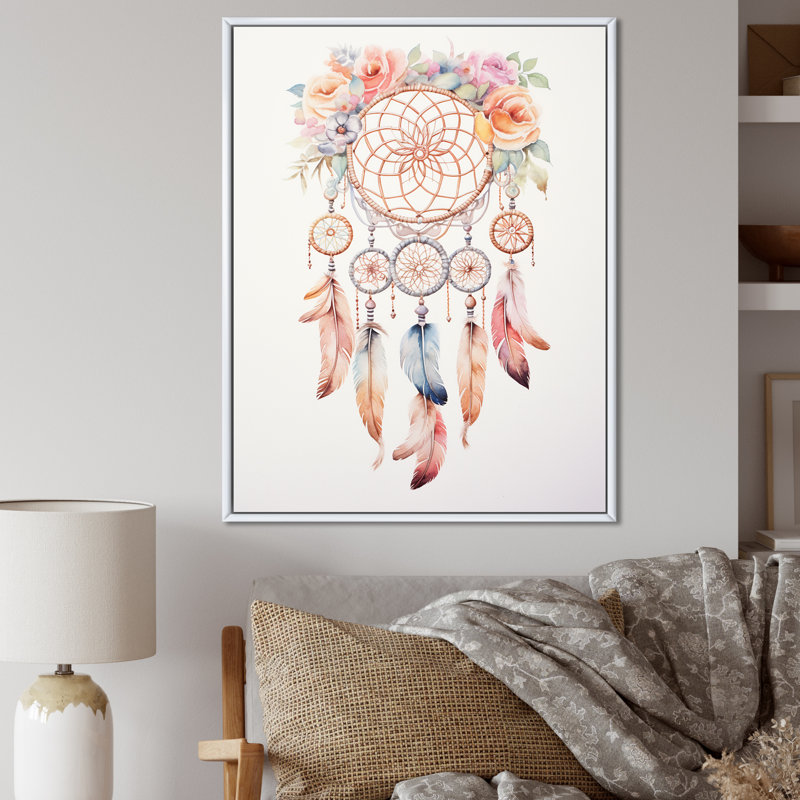 «Pink Boho Dreamcatcher», reproduction sur toile, Cadre flottant blanc, H 44 po x l 34 po x P 1,5 po