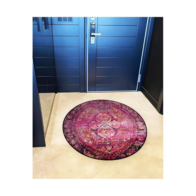 Purple Tones Traditional Motif Patterned Round Woven Base Vintage Decorative Carpet, Round 3'4"