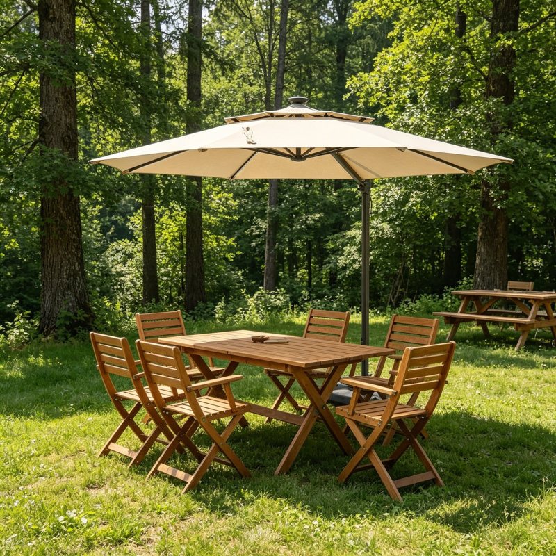 Parasol extérieur octogonal 12 x 11 pi avec construction robuste à 8 nervures et une base lestée dédiée.