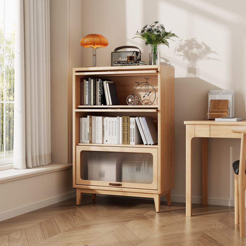 Oliver Solid Wood  Flip-Top Glass Door Bookshelf Cabinet, Mid-Century Modern Display Storage Cabinet with Leather Handles
