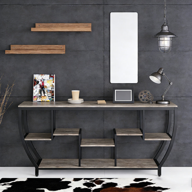 Table de console d'entrée industrielle avec tablettes, Gris et noir