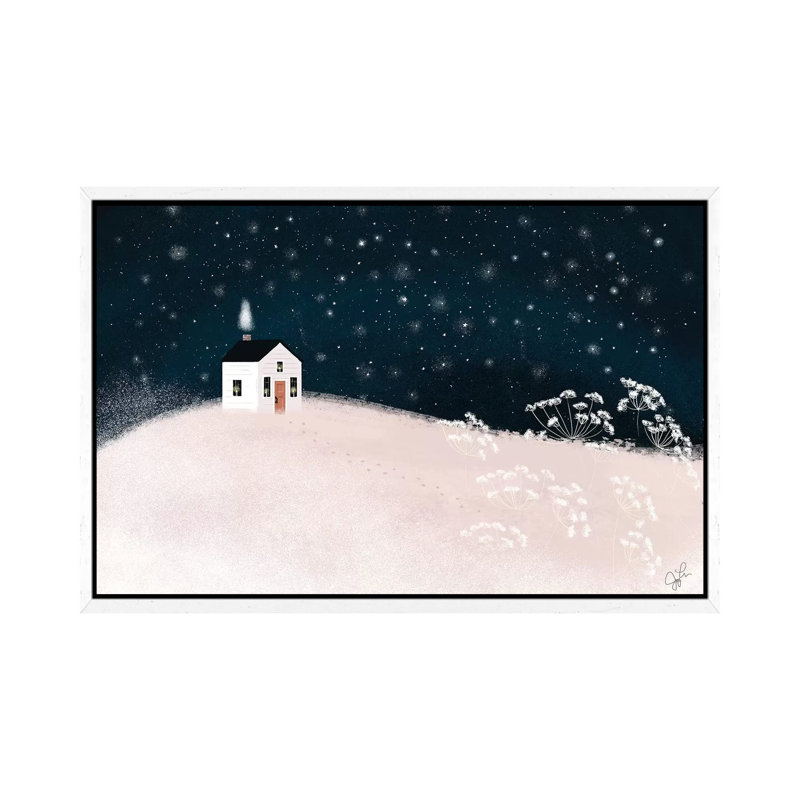 Starry Snowy Night by Joy Laforme - Painting on Canvas, 101.6cm H x 152.4cm W x 3.81cm D, White Framed