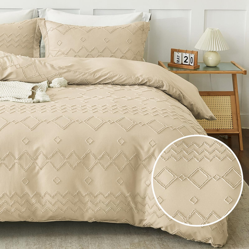 Ensemble de housse de couette Boho EMME, Géométrique beige, Housse de couette pour très grand lit et 2 taies 