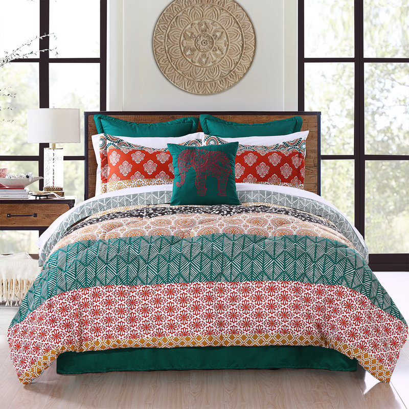 Bohemian Turquoise/Orange Microfiber Reversible 7 Piece Comforter Set, King Comforter + 6 Additional Pieces