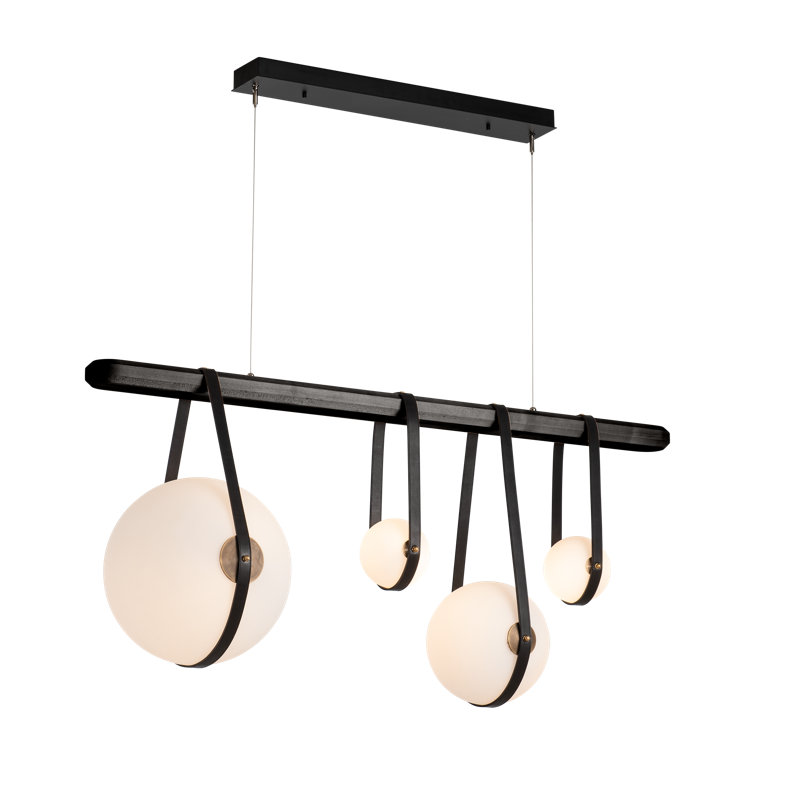 Derby 4 - Light Kitchen Island Linear LED Pendant, Polished Nickel, British Brown Leather, Black Wood