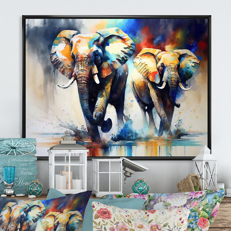 Éléphants qui courent I - Éléphant, art mural encadré, H 24 po x l 32 po x P 1 po, Cadre flottant noir